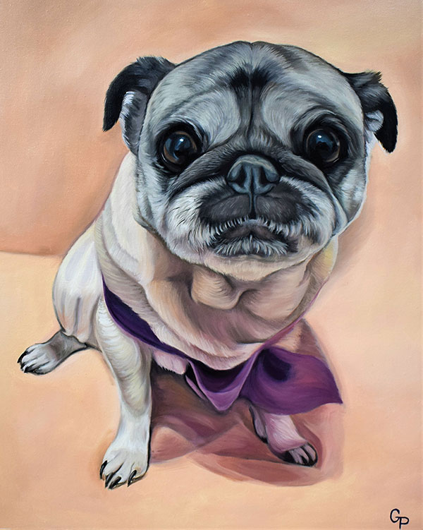 Close up oil painting of a dog