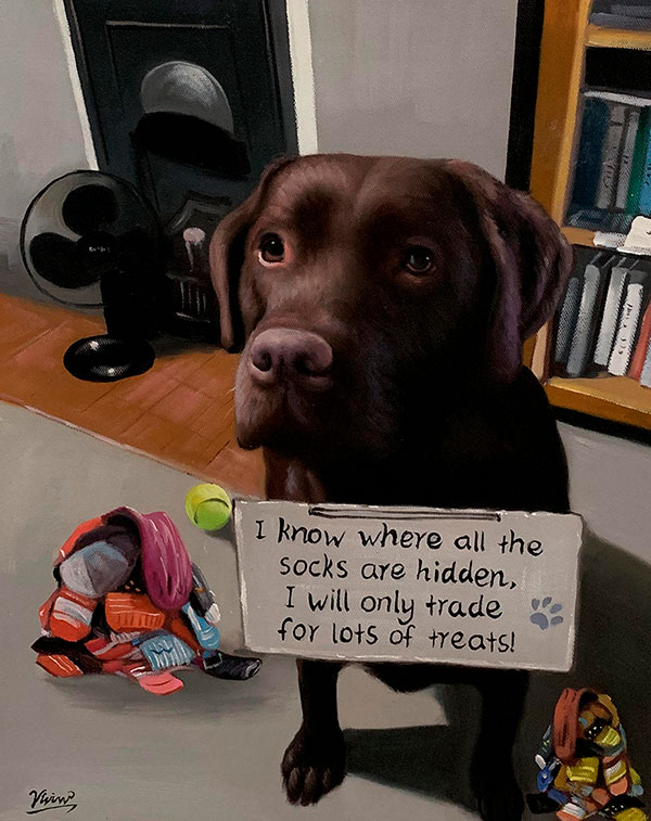 Custom handmade oil painting of a dog with a sign