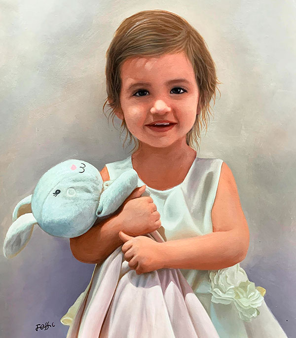 Gorgeous oil portrait of a little girl with a toy rabbit