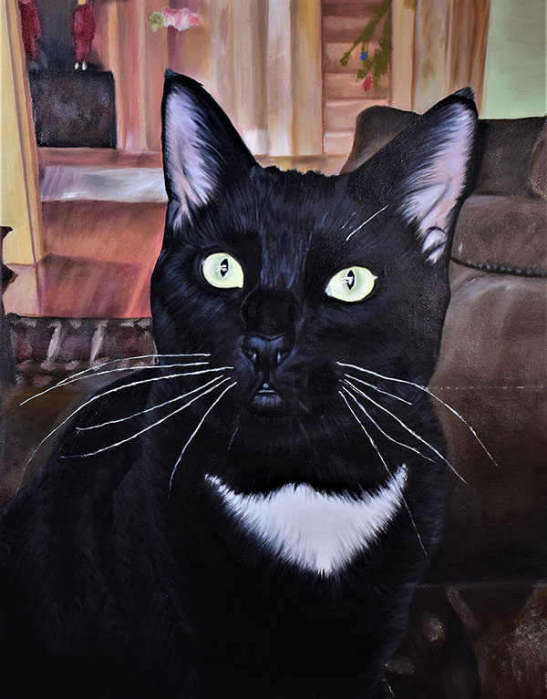 Oil painting of a black cat