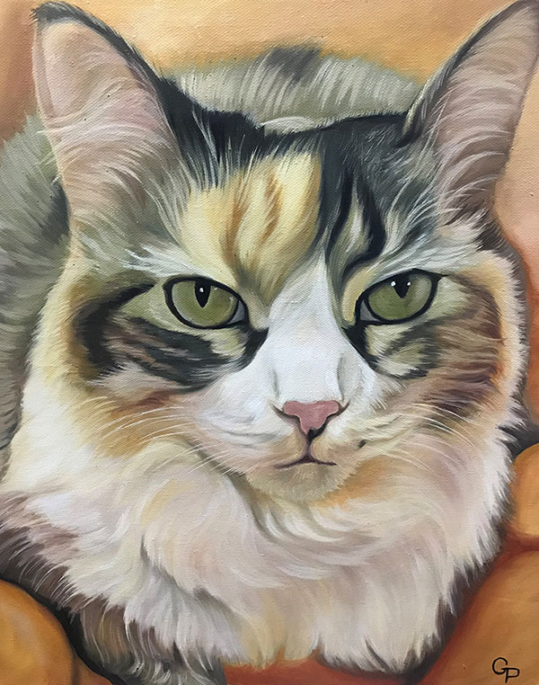 Close up hand drawn oil painting of a cat