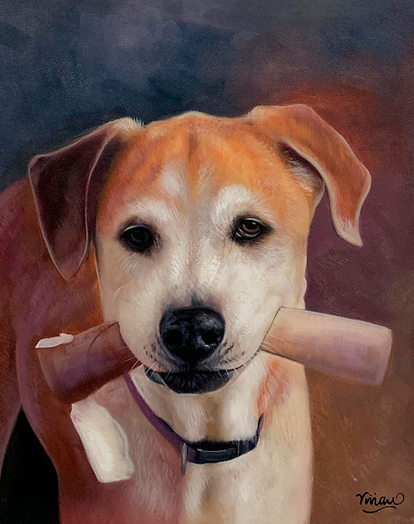 Close up oil painting of a dog