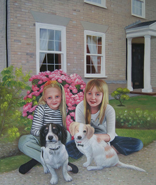 Handmade oil painting of sisters and little puppies