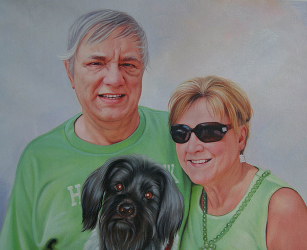 Handmade oil painting owners with black longhair dog