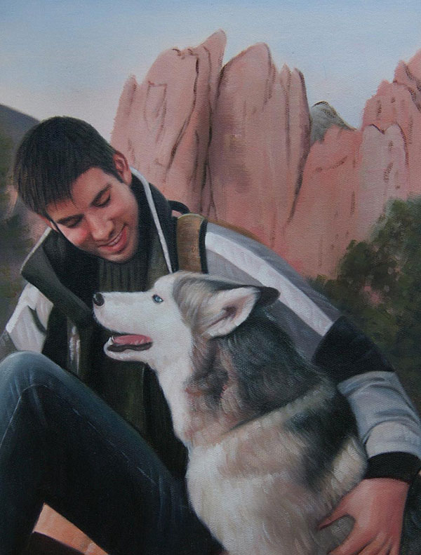 Handmade oil painting of a boy hugging his husky