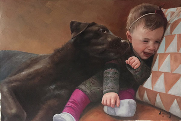 Handmade oil painting of a little girl and brown dog