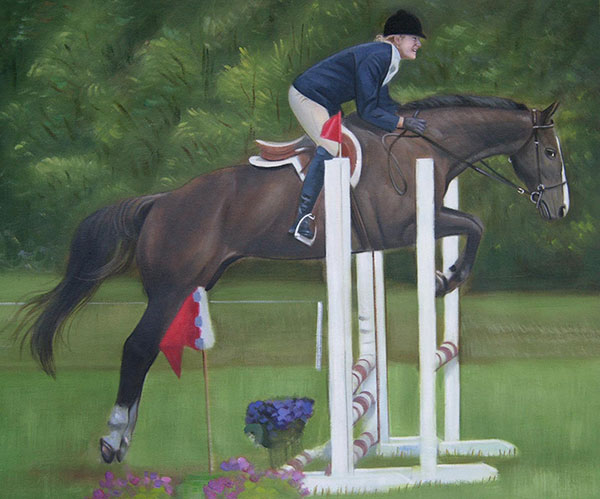 Handmade oil painting of oa horse jumping above obstacle