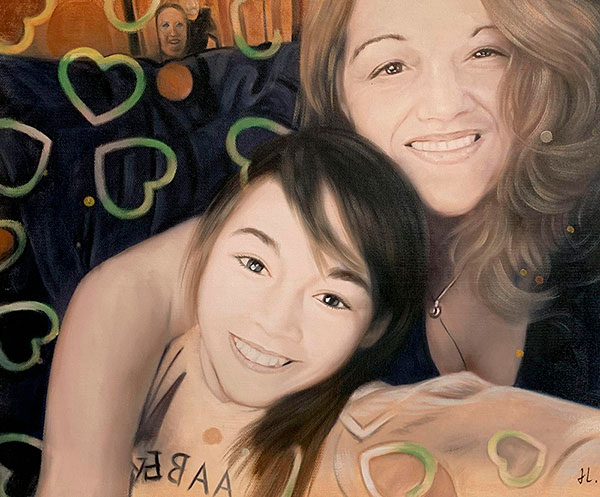 Beautiful hand drawn oil painting of a mother and a daughter