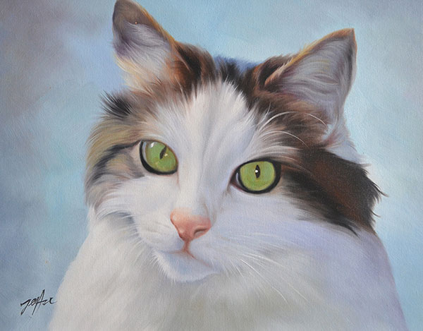 oil painting of white long haired cat with bright green eyes