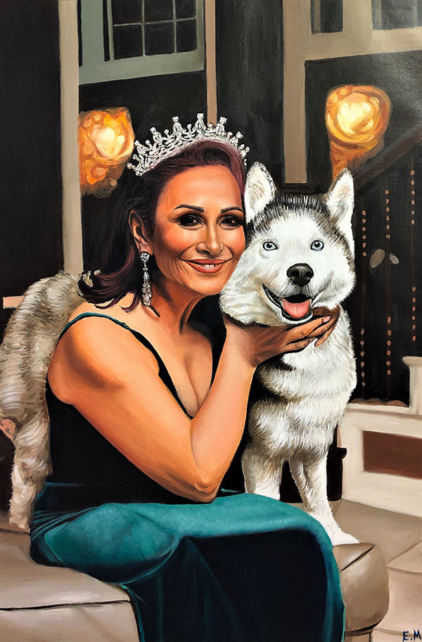 Beautiful oil painting of a woman with a dog