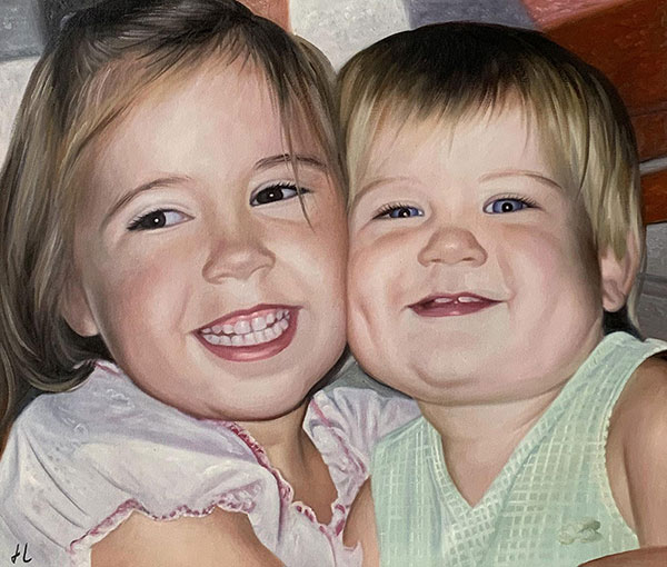 Personalized oil painting of the hugging children