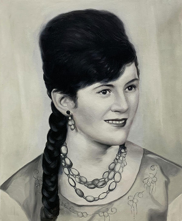 Vintage oil artwork of a woman with a solid background