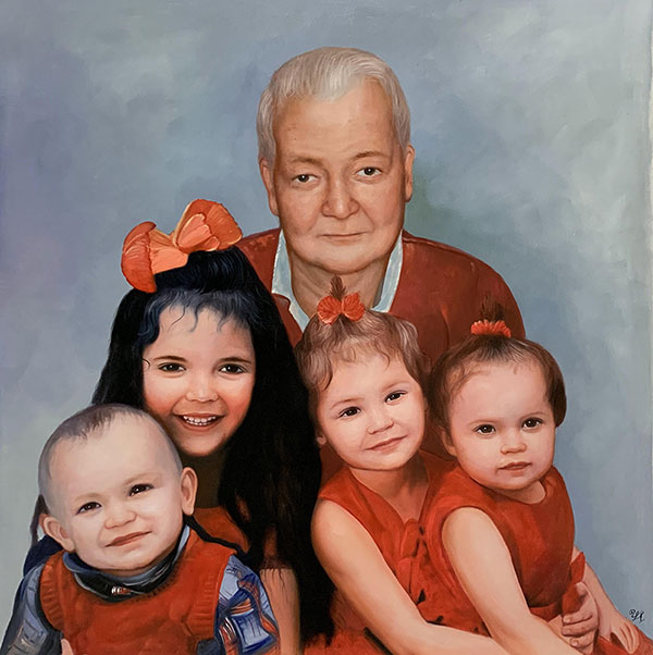Custom oil artwork of grandfather and four grandchildren