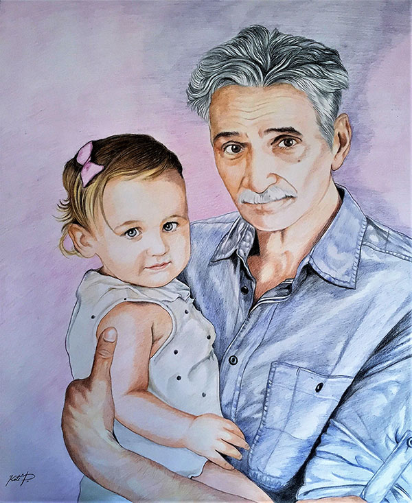 Beautiful color pencil portrait of a man and a little girl