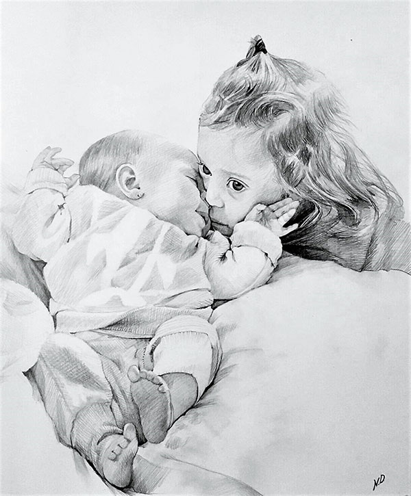 Beautiful black pencil artwork of the hugging children
