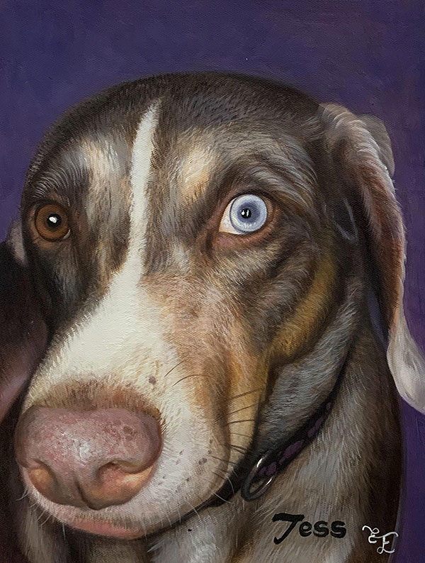 Close up oil painting of a dog with different colored eyes