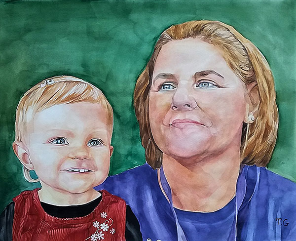 Gorgeous watercolor portrait of a woman and a child