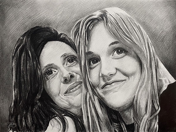Custom black pencil painting of two women