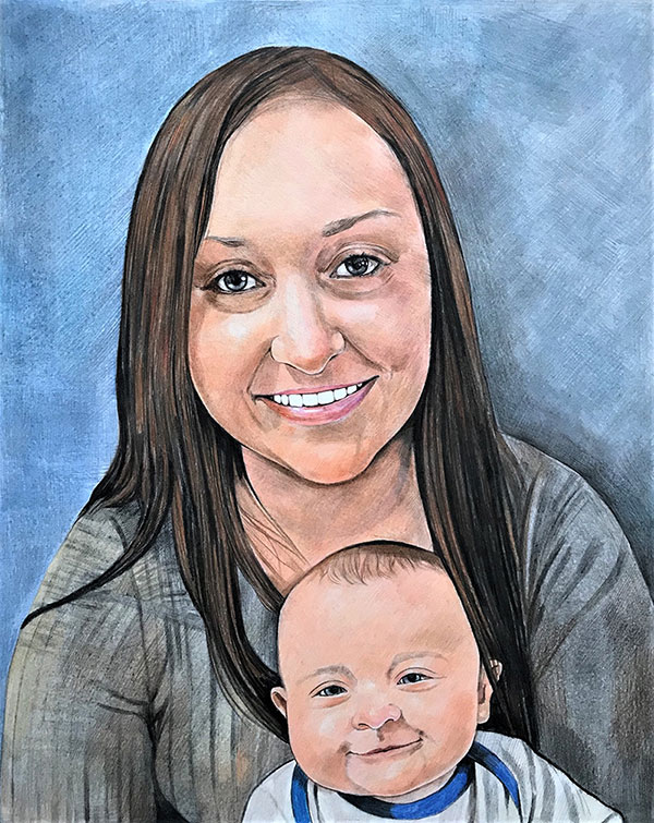Handmade color pencil drawing of a mom and son