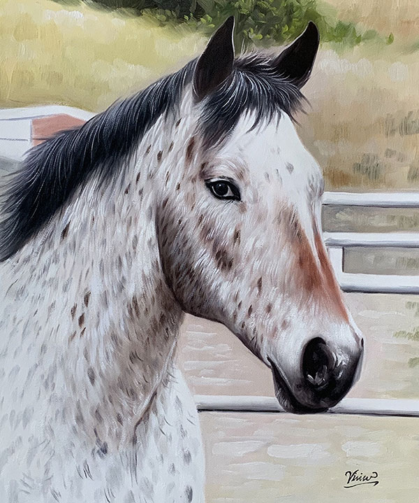 Close up hand drawn oil painting of a horse
