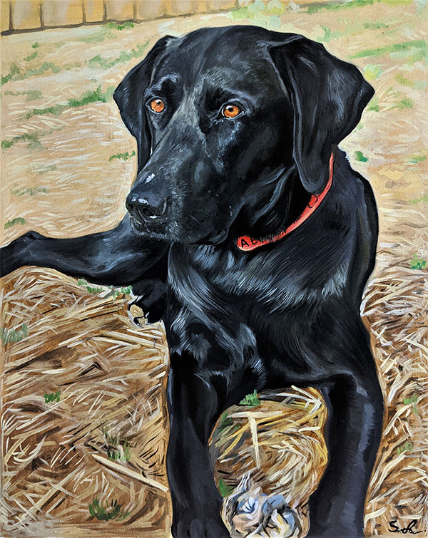 Beautiful oil painting of a black dog