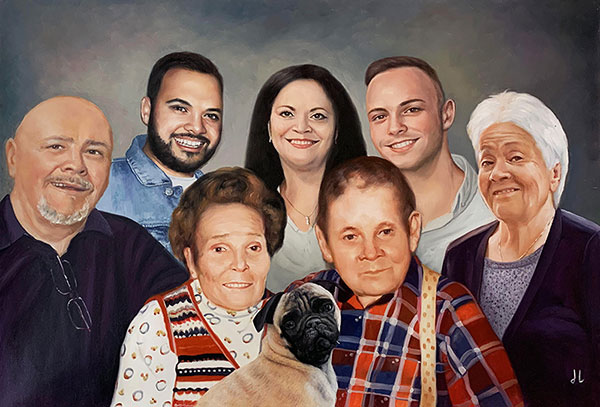 Beautiful oil painting of a family with a dog