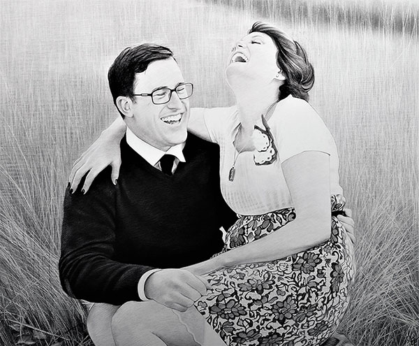Gorgeous charcoal painting of a happy couple