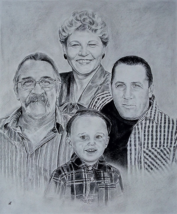 customized charcoal drawing of a family