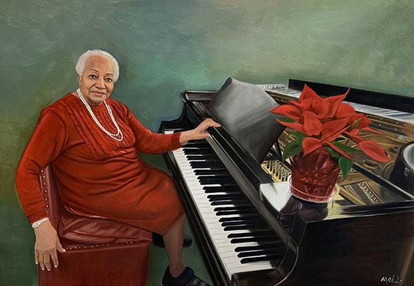 Gorgeous oil painting of a woman playing a piano