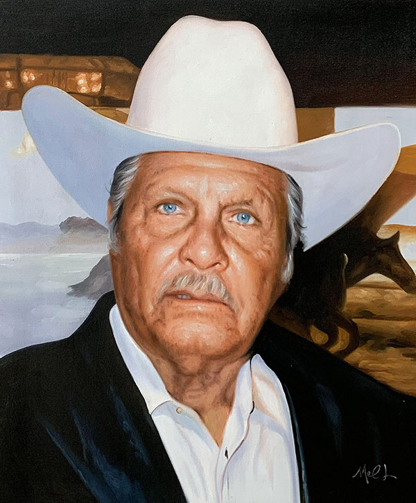 Close up oil portrait of a man with a white hat