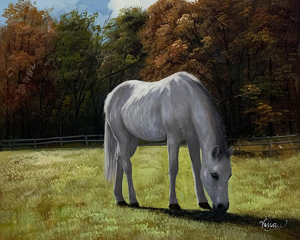 Stunning acrylic painting of a white horse in the nature