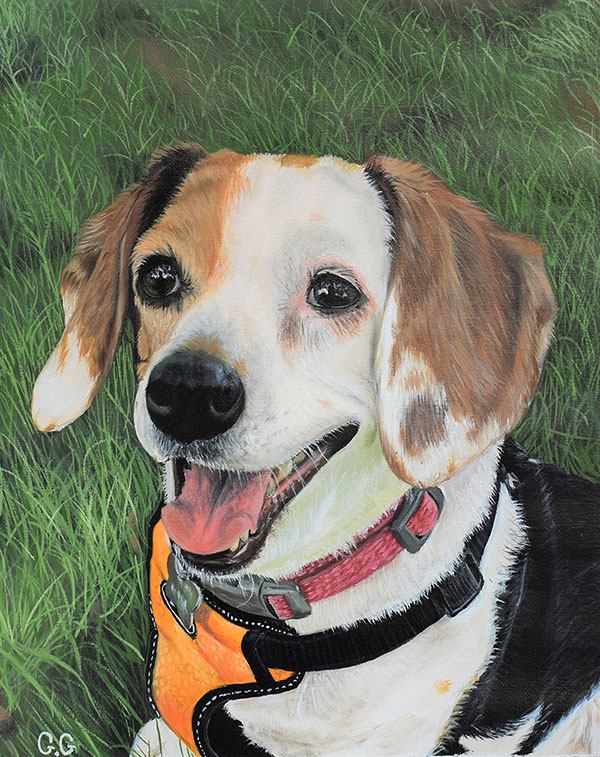 an oil painting of a mutt with an yellow harness
