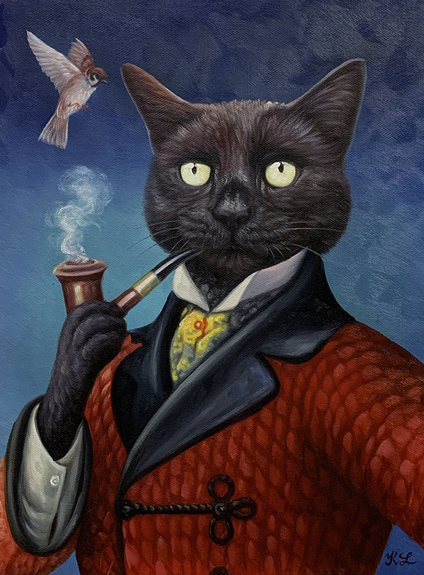 oil painting of a black cat smoking from a pipe