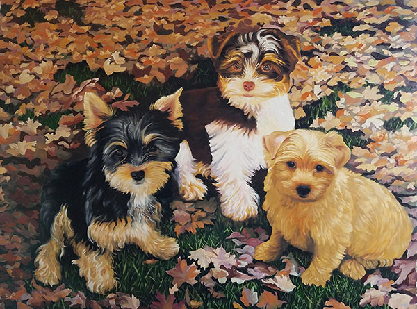 Beautiful oil painting of three puppies