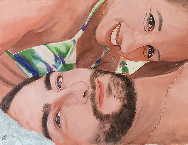 Beautiful color pencil painting of a smiling couple