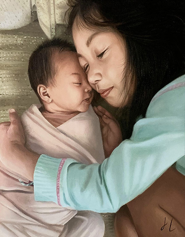 Gorgeous oil artwork of a mother hugging a baby