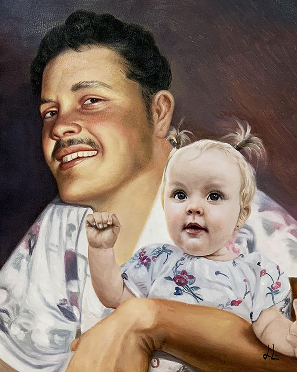 Custom oil artwork of a man holding a baby