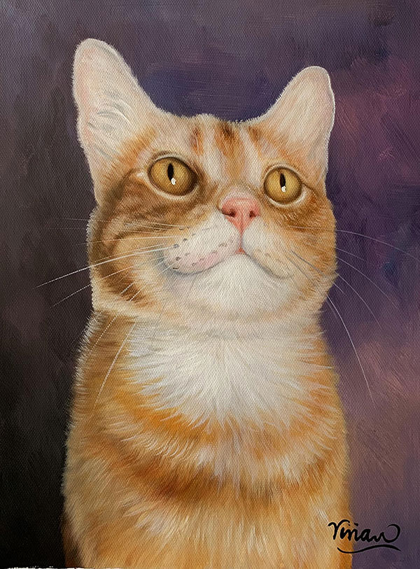 Custom oil handmade portrait of orange cat purple background