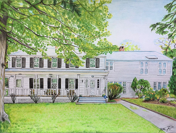 custom colored pencil drawing of a big white house