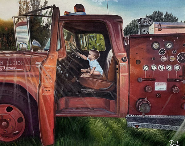 a custom oil painting of a child in a car