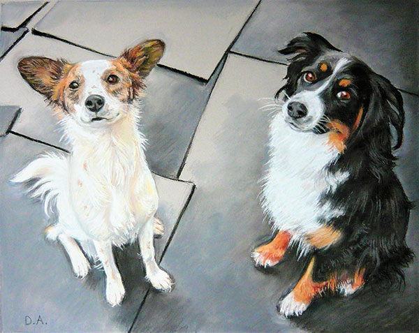 two cute dogs painted in pastel