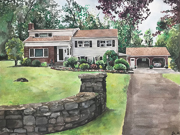 custom watercolor painting of a house with garage open