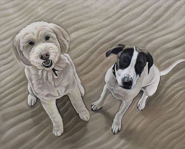 an oil painting of two dogs in sand