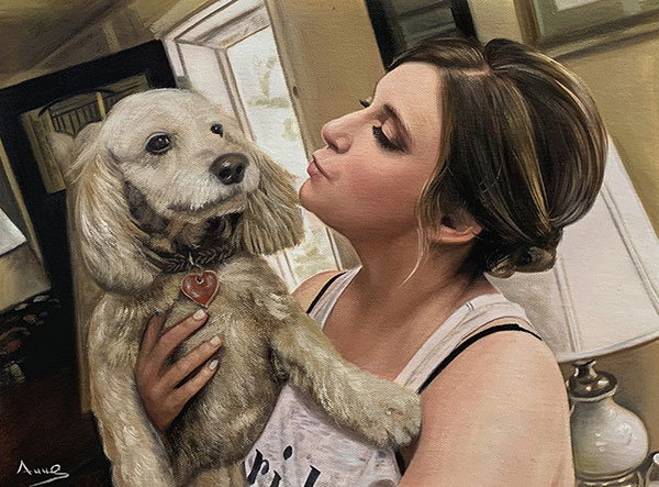 Custom oil painting of poodle on owner together