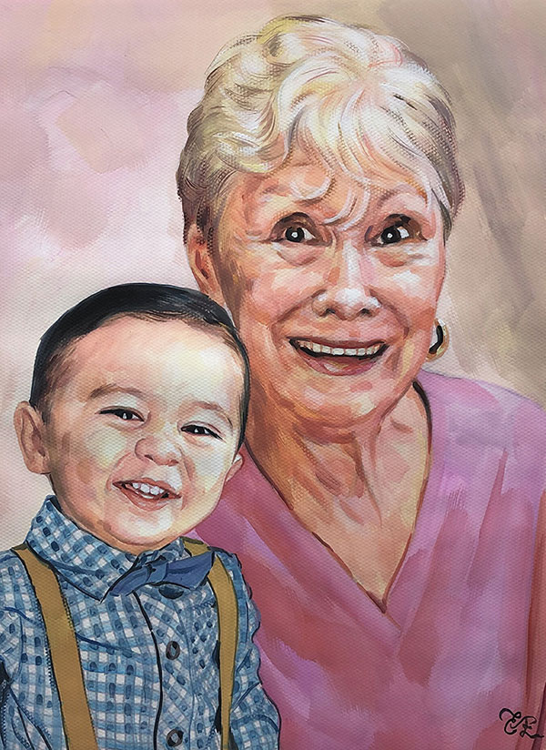 Beautiful pastel painting of a grandmother and a grandchild