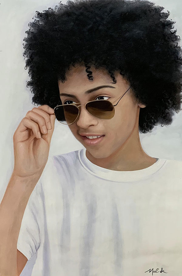 Personalized close up oil portrait of a curly boy