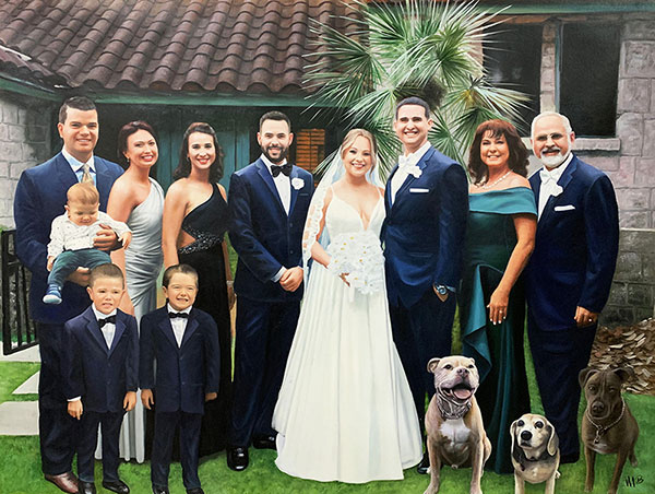 Beautiful handmade oil painting of a happy family with pets