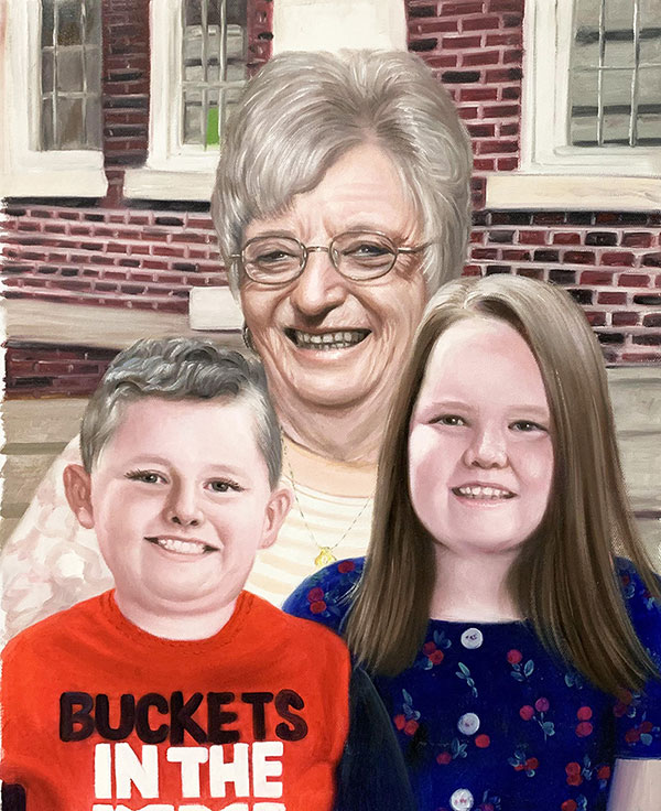 Custom oil painting of a grandmother with grandchildren