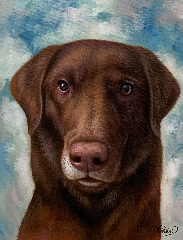 Close up oil artwork of a dog
