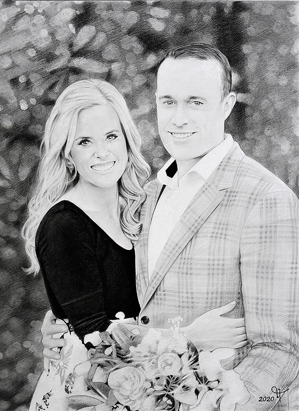 Beautiful charcoal drawing of a smiling couple